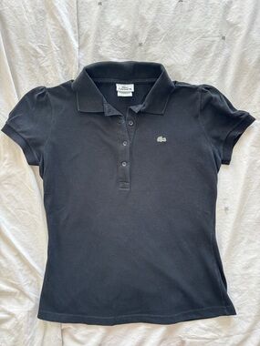 Lacoste Black Women's Short-Sleeve Polo with Green Crocodile Logo Puff Sleeve